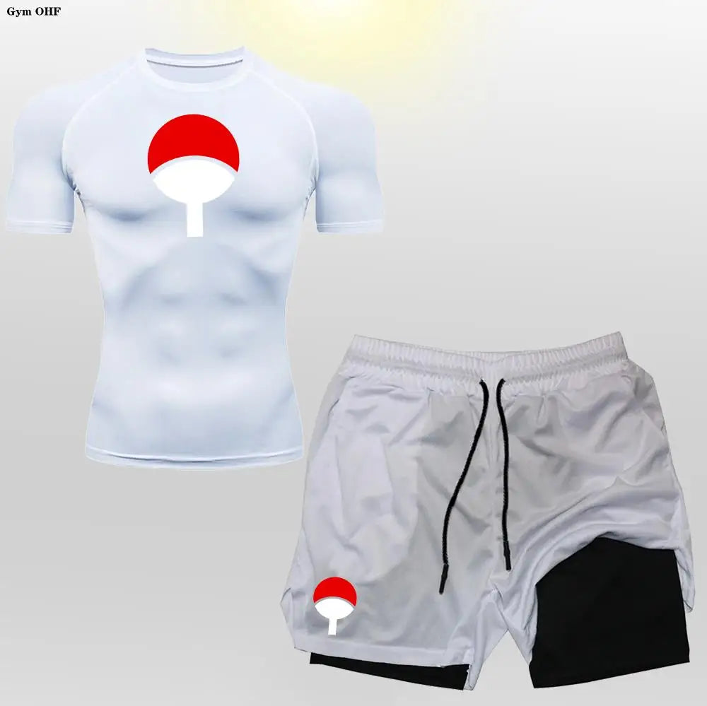 Men's "Heroic Spirit" Anime 2-in-1 Fitness Set – Compression Tee & Double-Deck Shorts