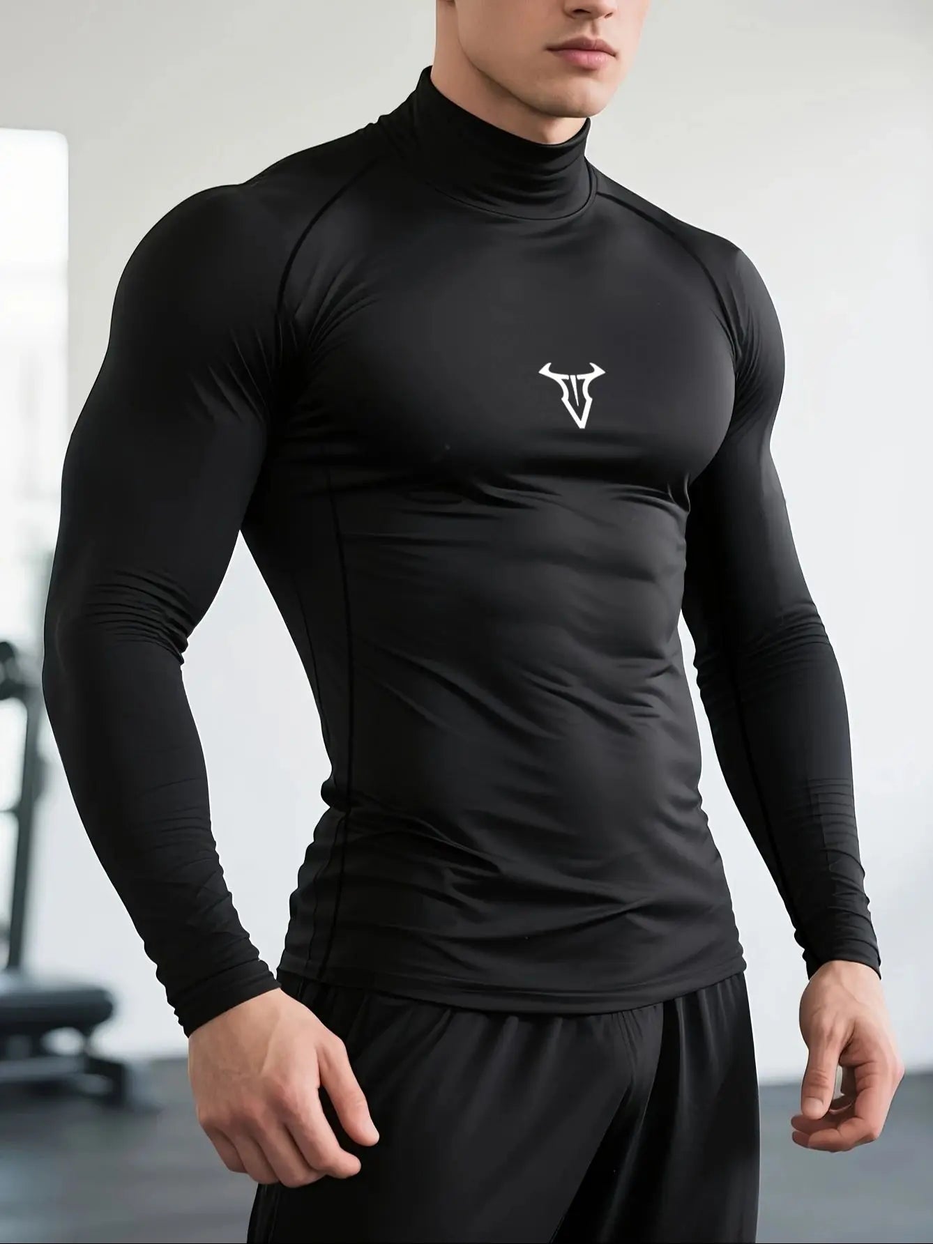 Men's "White Bull" Compression Mock Neck Shirt – Premium Long Sleeve Gym Training Top