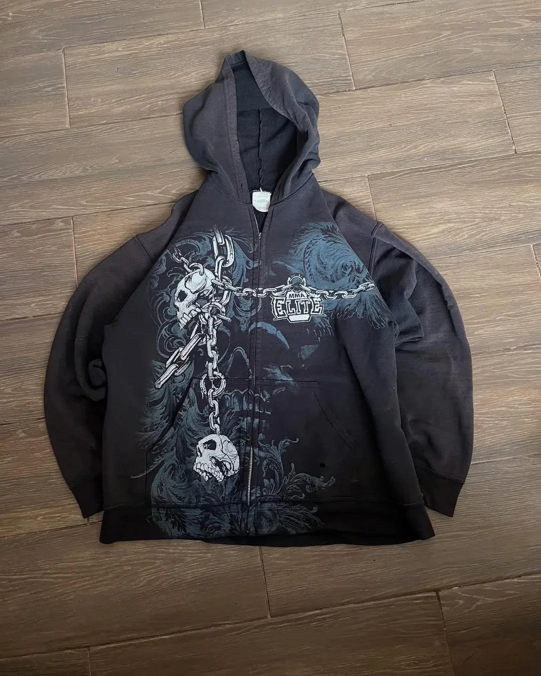 Y2K "Dark Streetwear" Oversized Zip-Up Hoodie – Vintage 90s Gothic Skull Print Sweatshirt