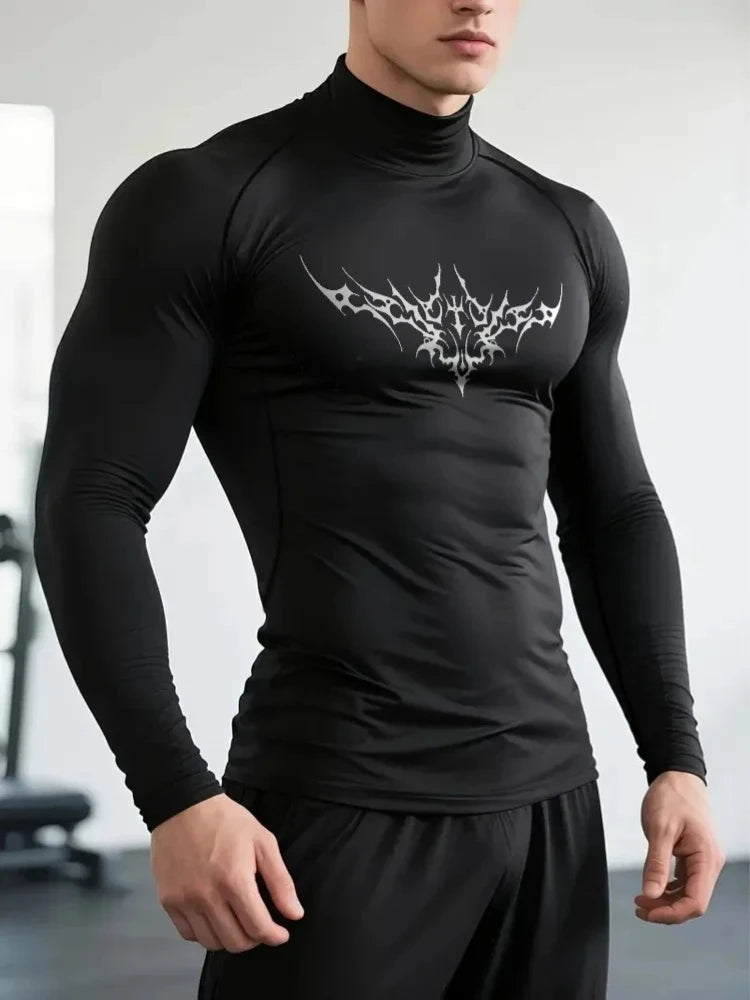 "pdmcms" Gothic Graphic High-Neck Compression Shirt – Premium Long Sleeve Fitness Top