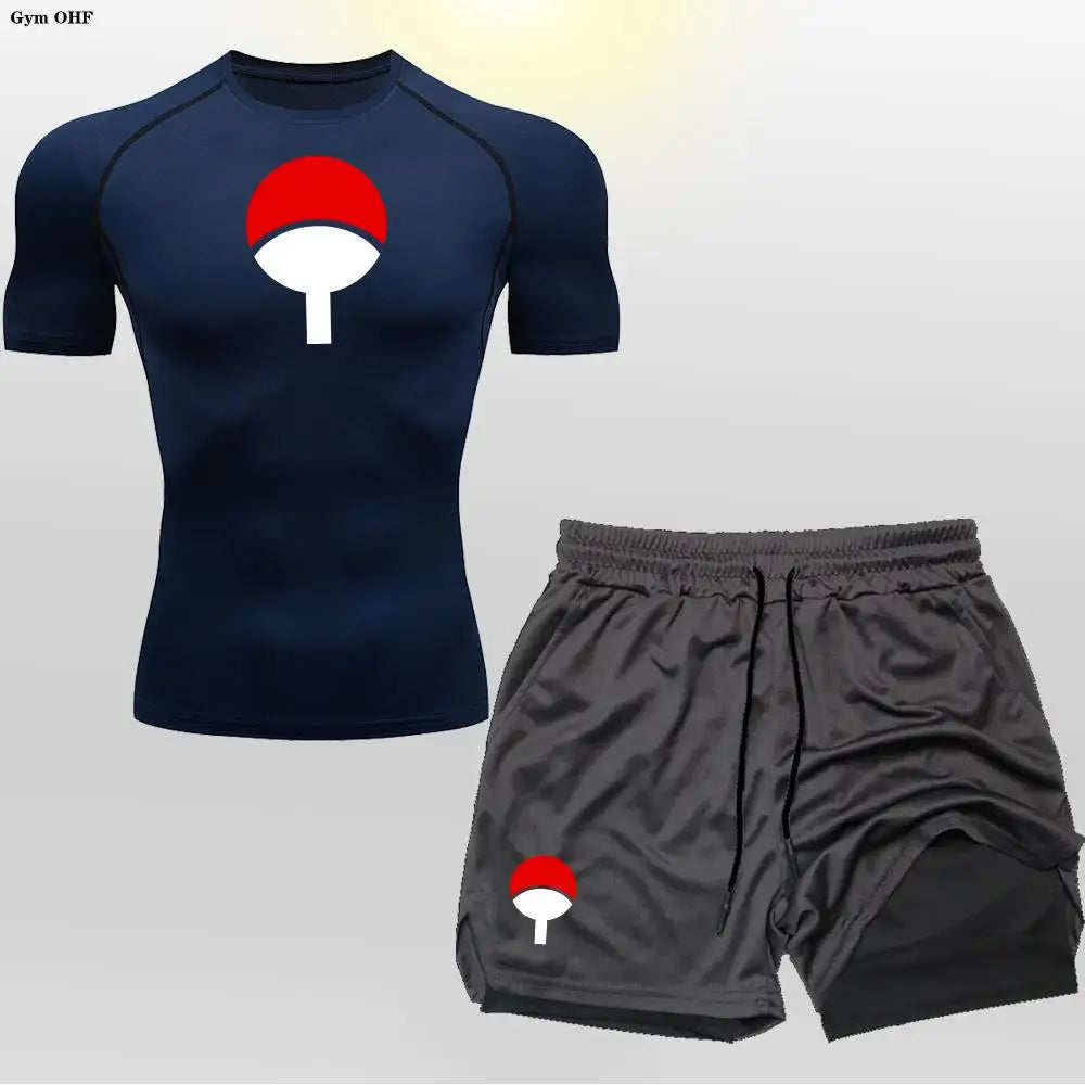 Men's "Heroic Spirit" Anime 2-in-1 Fitness Set – Compression Tee & Double-Deck Shorts