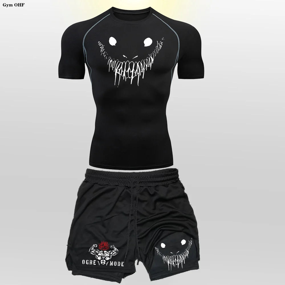 Men's "Anime Funny Face" 2-in-1 Fitness Set – Compression Tee & Double-Deck Shorts