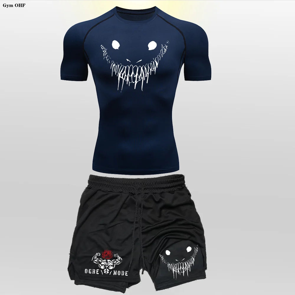 Men's "Anime Funny Face" 2-in-1 Fitness Set – Compression Tee & Double-Deck Shorts