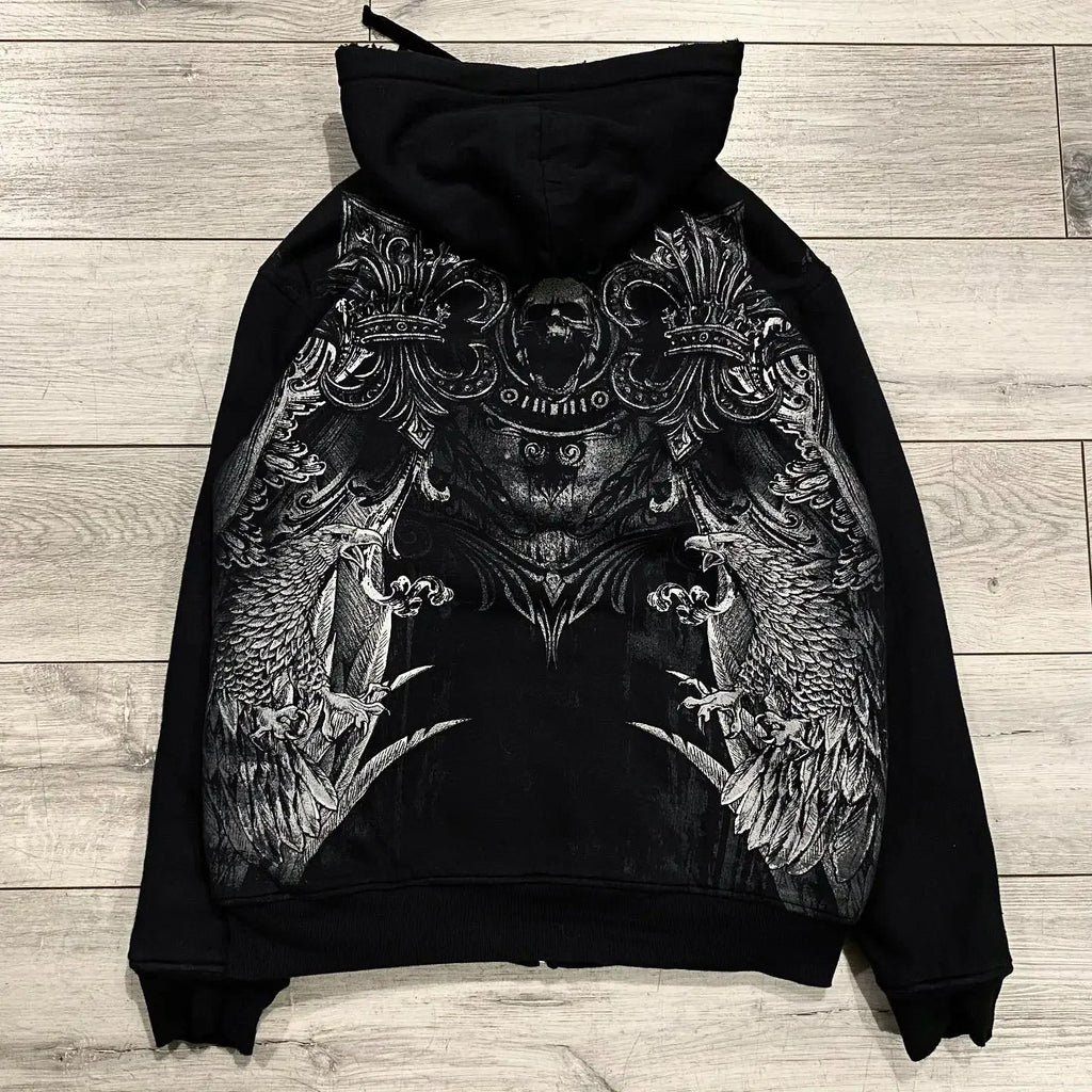 Y2K "Dark Streetwear" Oversized Zip-Up Hoodie – Vintage 90s Gothic Skull Print Sweatshirt