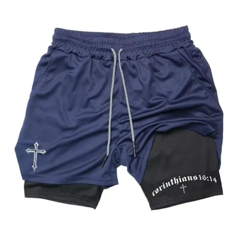Men's "Faith Warrior" 2-in-1 Athletic Shorts – Christian Gym Shorts with Phone Pocket & Towel Loop