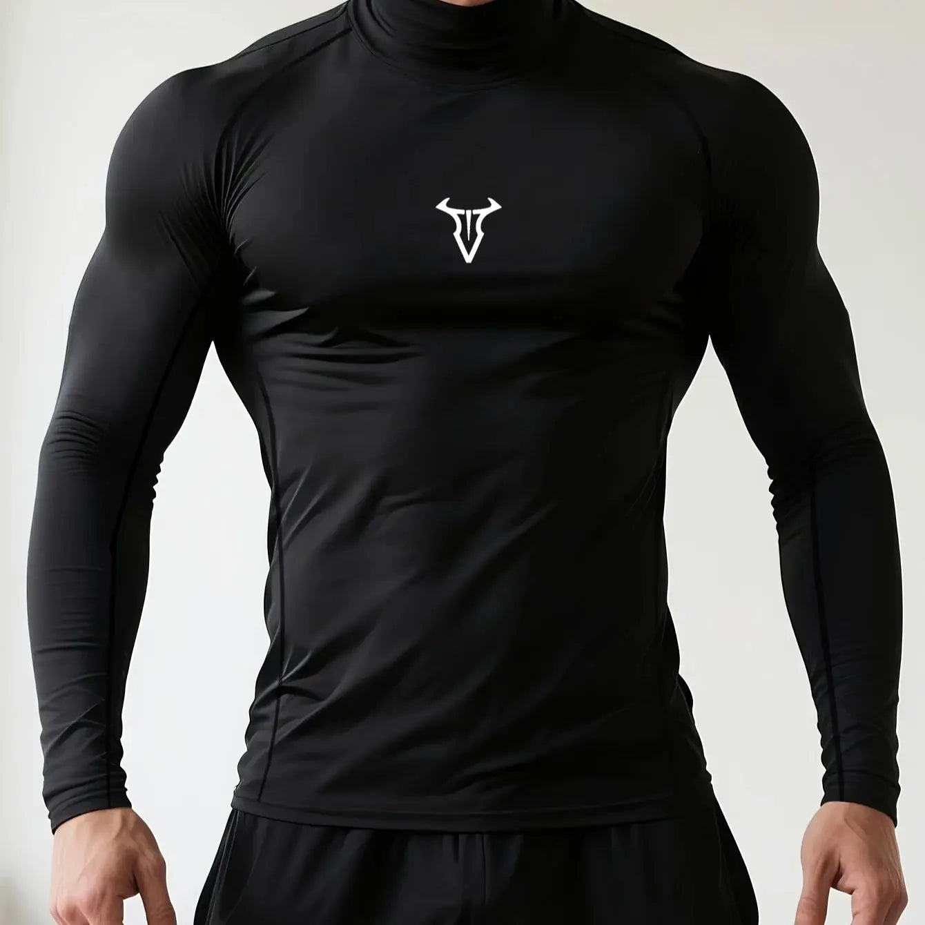 Men's "White Bull" Compression Mock Neck Shirt – Premium Long Sleeve Gym Training Top