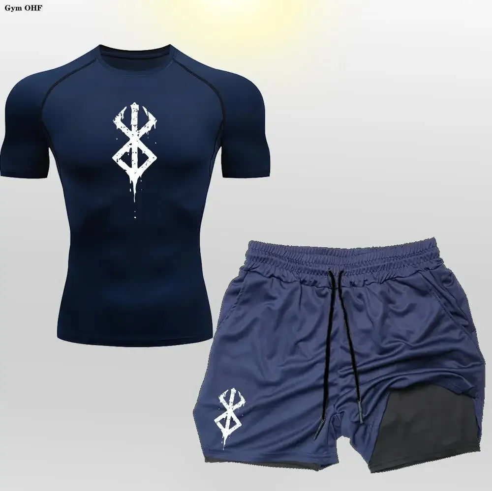 Men's "Anime Velocity" 2-in-1 Cycling & Training Set – Compression Tee & Double-Deck Shorts