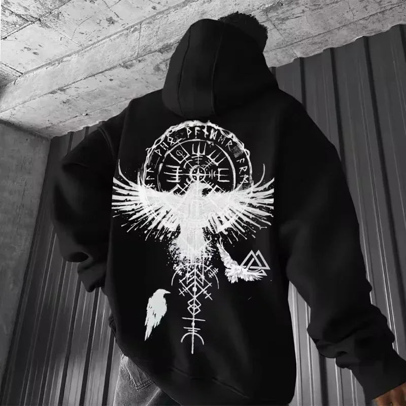 Men's Viking Totem & Eagle Graphic Hoodie – Premium Y2K Norse Mythology Sweatshirt
