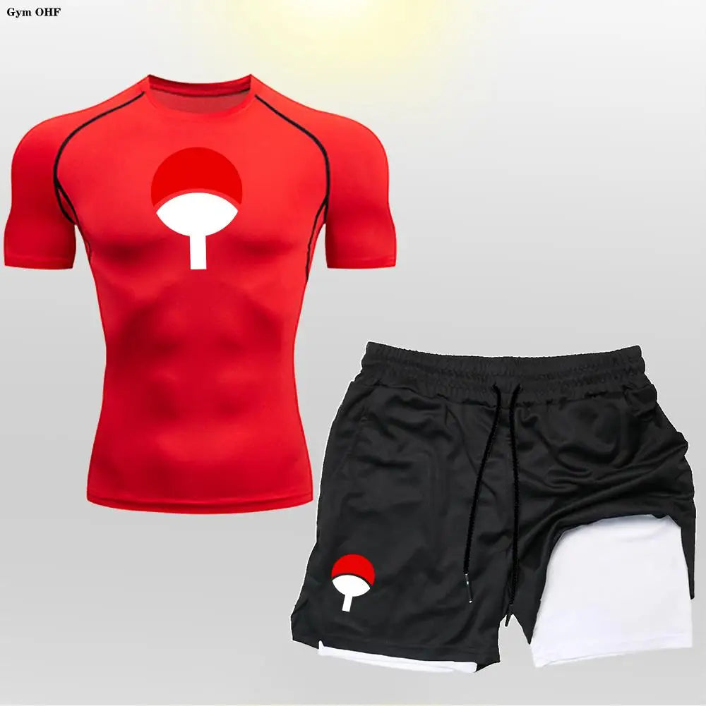 Men's "Heroic Spirit" Anime 2-in-1 Fitness Set – Compression Tee & Double-Deck Shorts