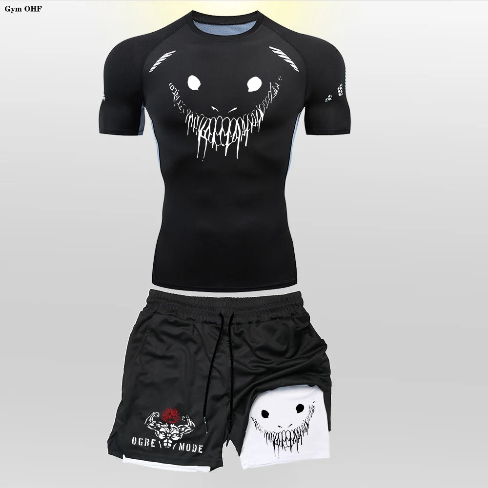 Men's "Anime Funny Face" 2-in-1 Fitness Set – Compression Tee & Double-Deck Shorts