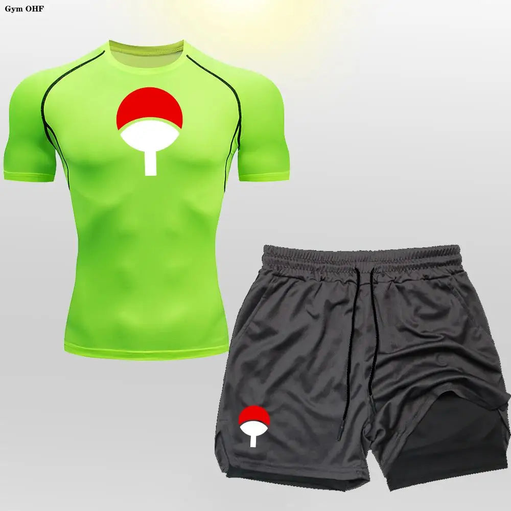 Men's "Heroic Spirit" Anime 2-in-1 Fitness Set – Compression Tee & Double-Deck Shorts
