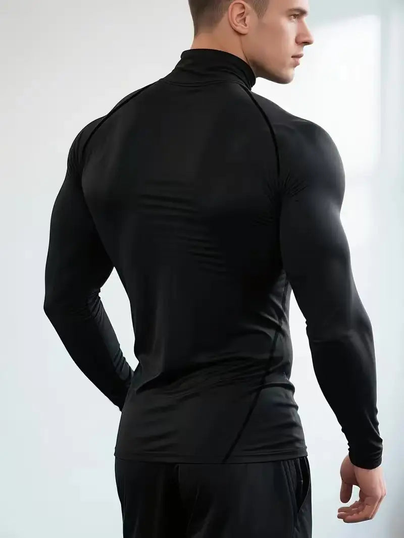 Men's "White Bull" Compression Mock Neck Shirt – Premium Long Sleeve Gym Training Top