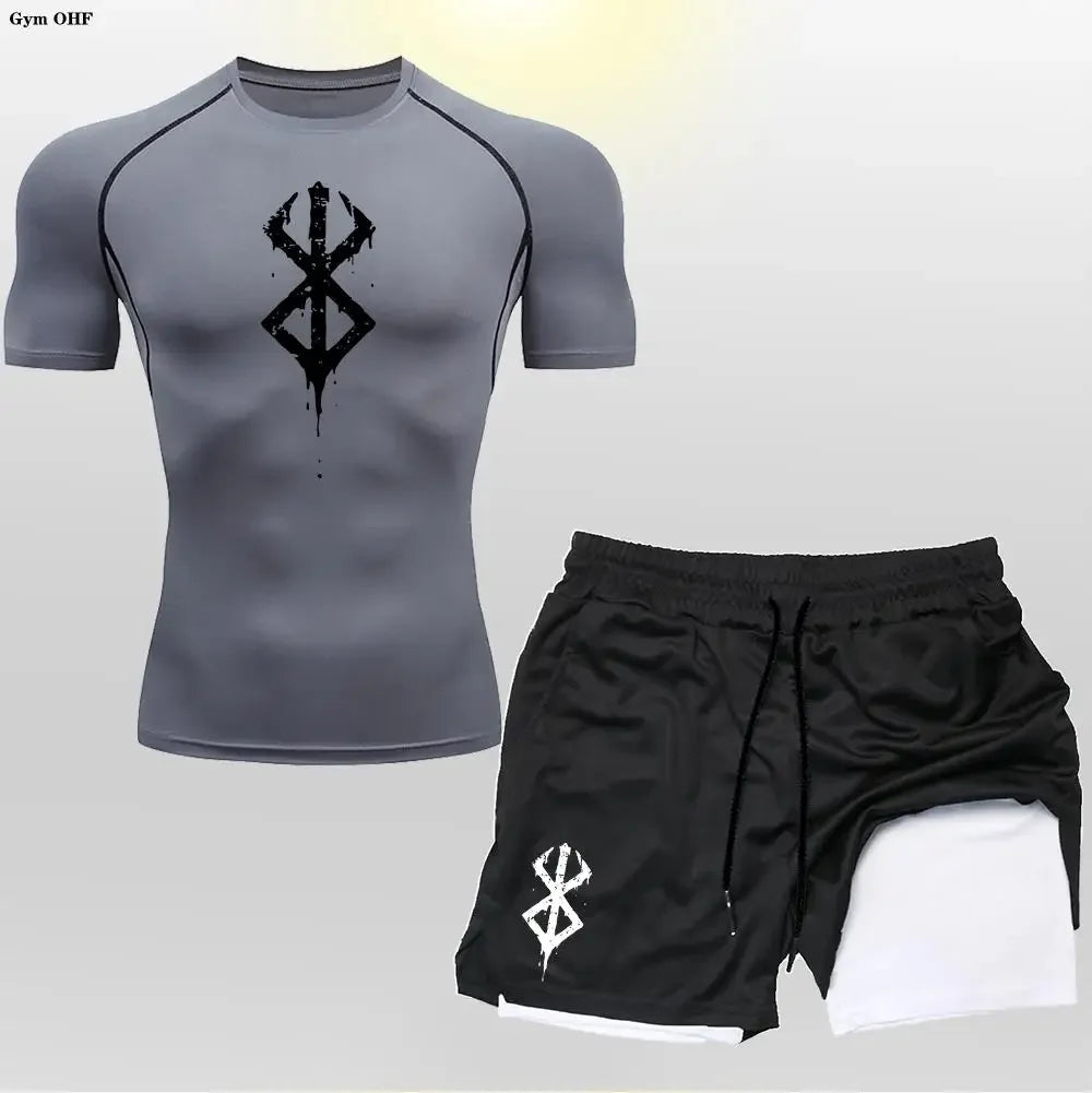 Men's "Anime Velocity" 2-in-1 Cycling & Training Set – Compression Tee & Double-Deck Shorts