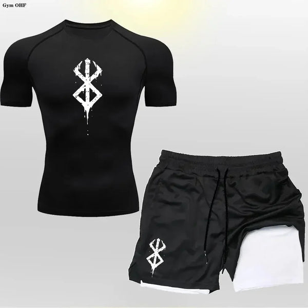 Men's "Anime Velocity" 2-in-1 Cycling & Training Set – Compression Tee & Double-Deck Shorts