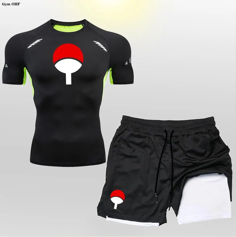 Men's "Heroic Spirit" Anime 2-in-1 Fitness Set – Compression Tee & Double-Deck Shorts