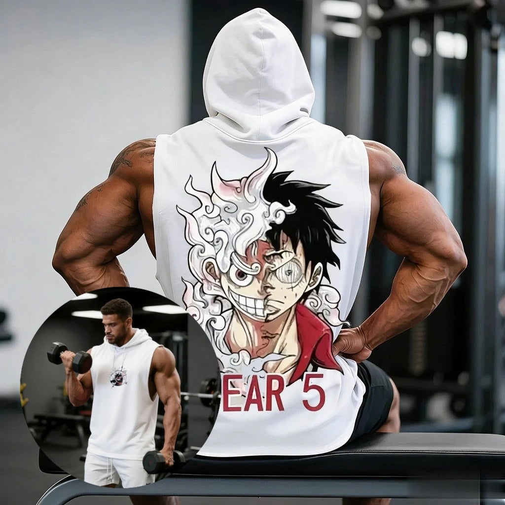 Official One Piece Luffy Gear 5 Hooded Tank Top – Premium "Sun God Nika" Gym Vest