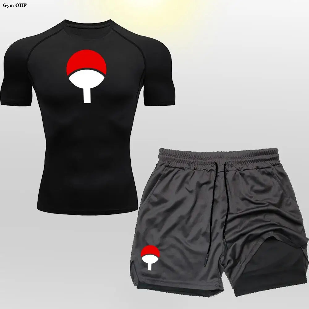 Men's "Heroic Spirit" Anime 2-in-1 Fitness Set – Compression Tee & Double-Deck Shorts