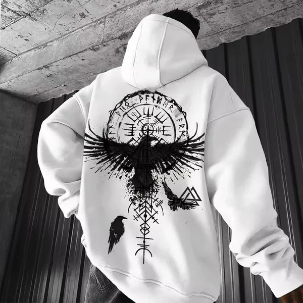 Men's Viking Totem & Eagle Graphic Hoodie – Premium Y2K Norse Mythology Sweatshirt