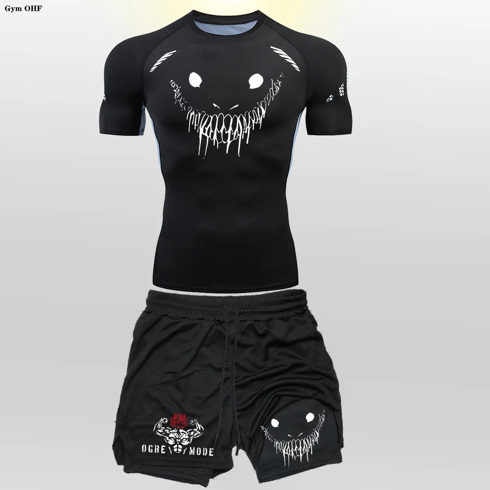 Men's "Anime Funny Face" 2-in-1 Fitness Set – Compression Tee & Double-Deck Shorts