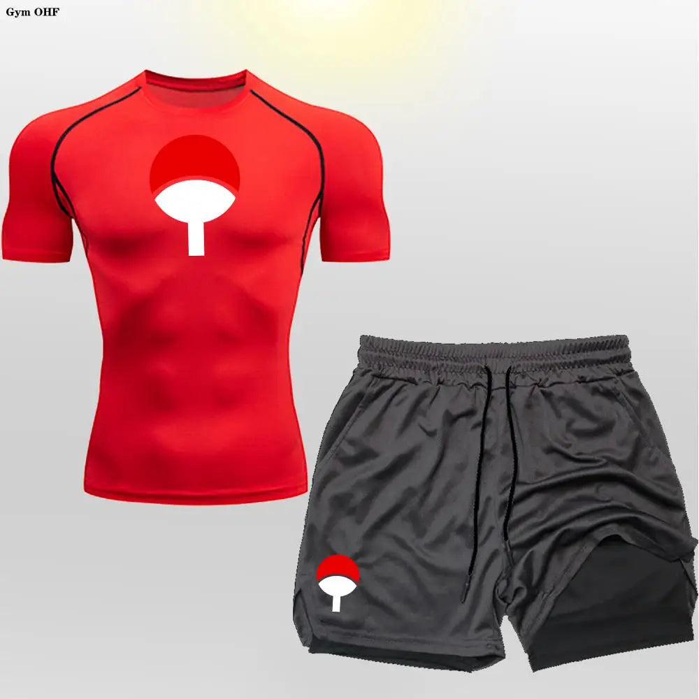 Men's "Heroic Spirit" Anime 2-in-1 Fitness Set – Compression Tee & Double-Deck Shorts