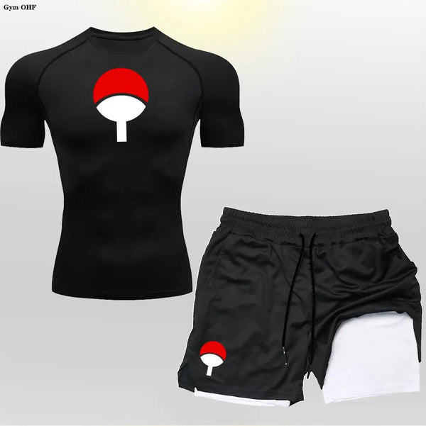 Men's "Heroic Spirit" Anime 2-in-1 Fitness Set – Compression Tee & Double-Deck Shorts