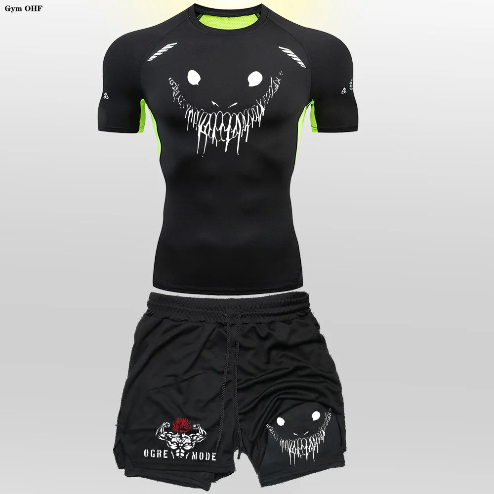 Men's "Anime Funny Face" 2-in-1 Fitness Set – Compression Tee & Double-Deck Shorts