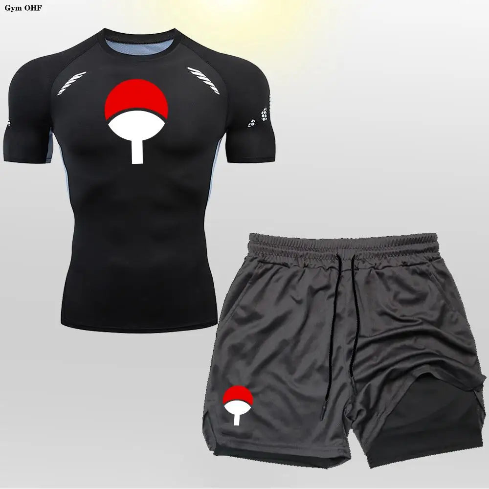 Men's "Heroic Spirit" Anime 2-in-1 Fitness Set – Compression Tee & Double-Deck Shorts