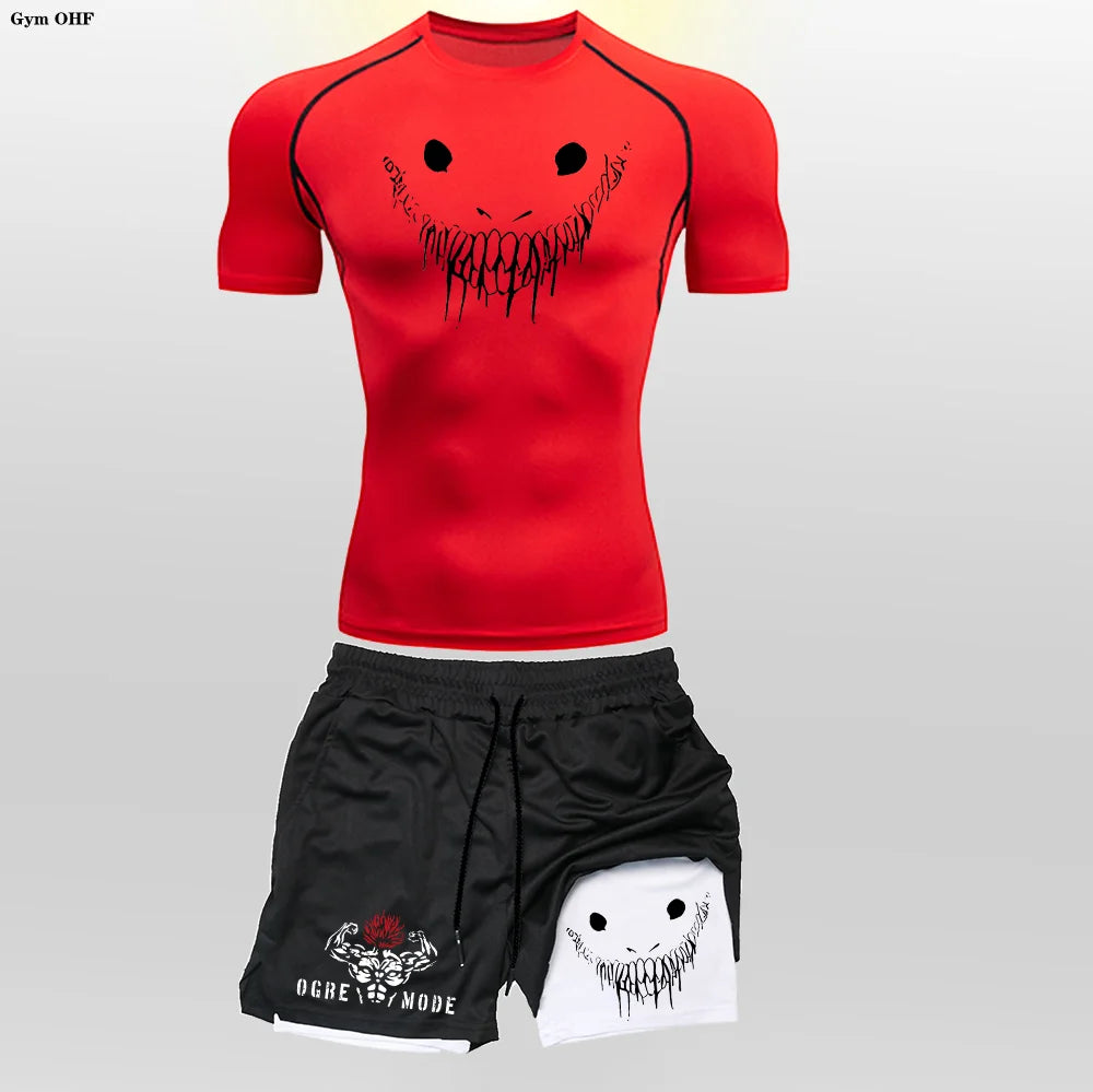 Men's "Anime Funny Face" 2-in-1 Fitness Set – Compression Tee & Double-Deck Shorts