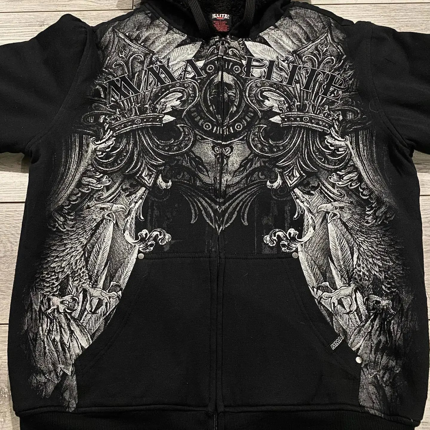 Y2K "Dark Streetwear" Oversized Zip-Up Hoodie – Vintage 90s Gothic Skull Print Sweatshirt