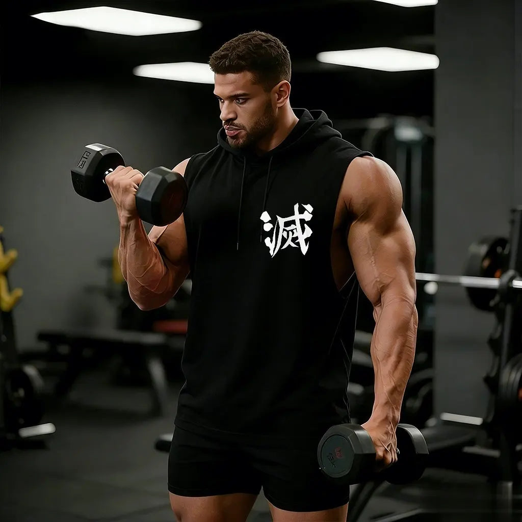 Men's "Demon Slayer: Hashira Strength" Sleeveless Hoodie – Premium Cotton Gym Tank Top