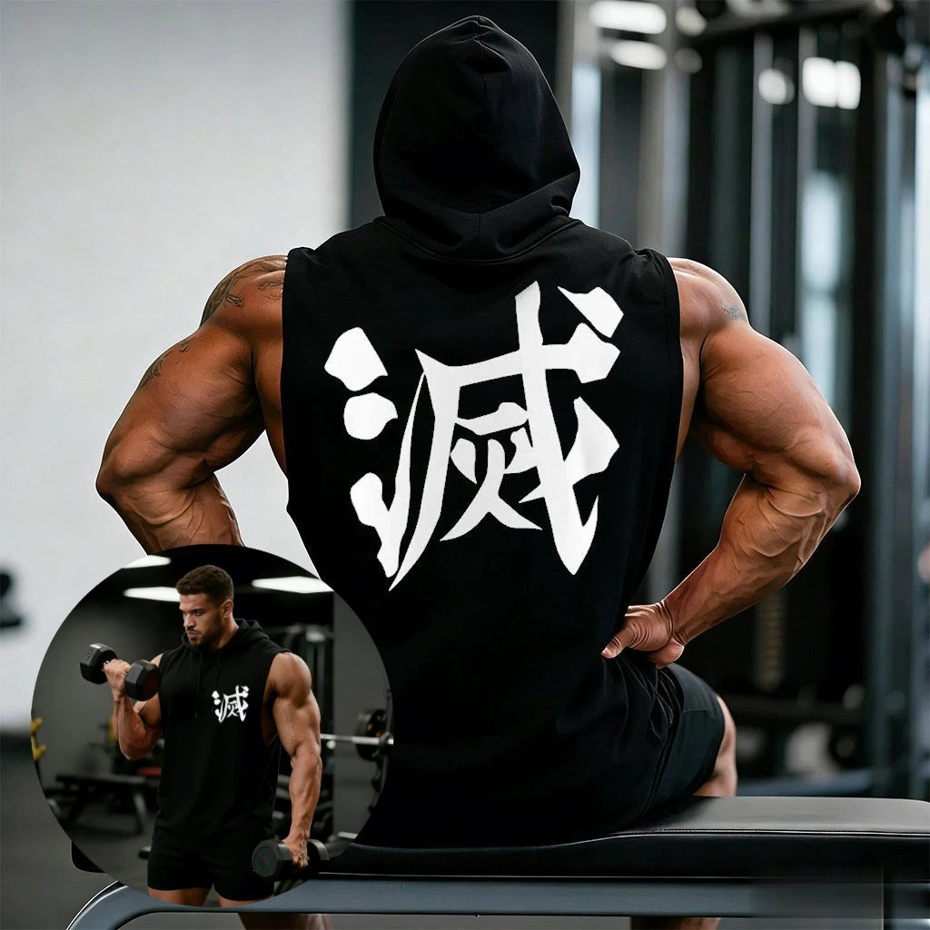 Men's "Demon Slayer: Hashira Strength" Sleeveless Hoodie – Premium Cotton Gym Tank Top