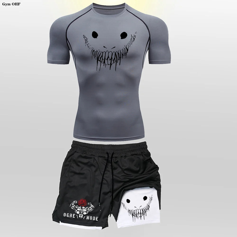 Men's "Anime Funny Face" 2-in-1 Fitness Set – Compression Tee & Double-Deck Shorts