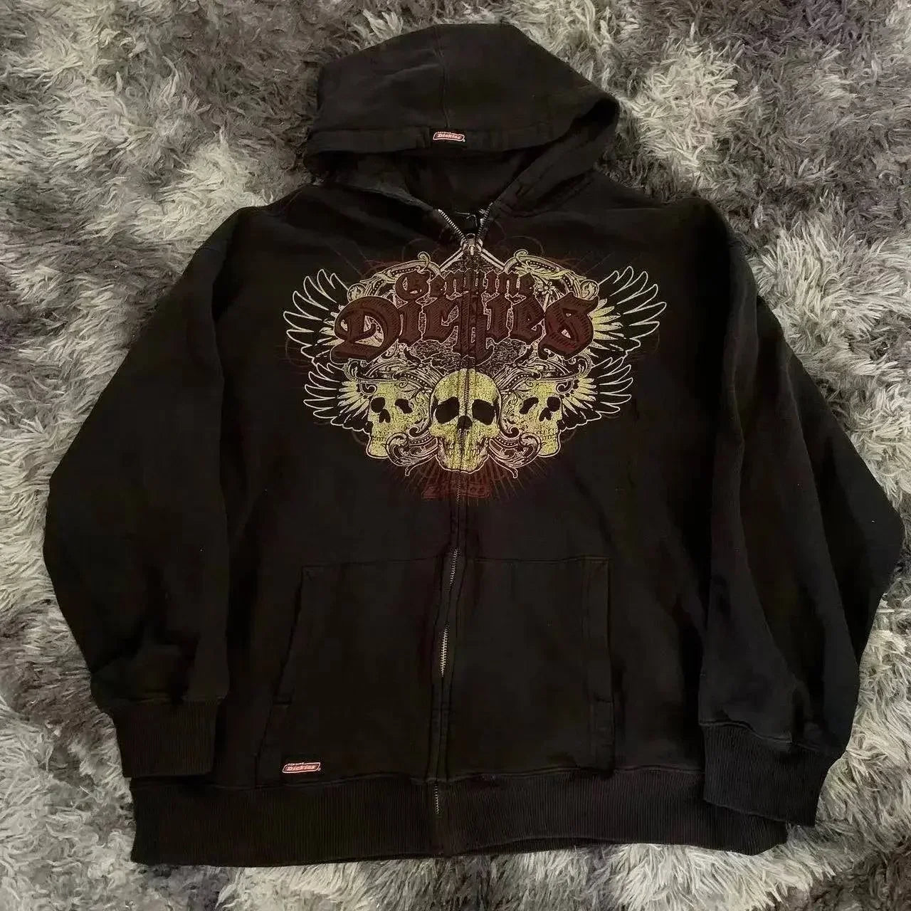 Y2K "Dark Streetwear" Oversized Zip-Up Hoodie – Vintage 90s Gothic Skull Print Sweatshirt