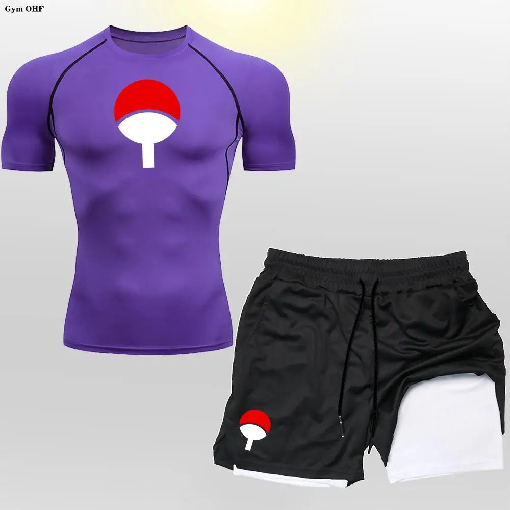 Men's "Heroic Spirit" Anime 2-in-1 Fitness Set – Compression Tee & Double-Deck Shorts