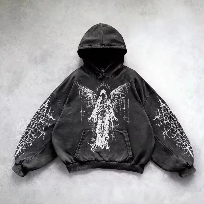 Retro Gothic "Evil Angel" Graphic Hoodie – Premium Y2K Punk Hip Hop Sweatshirt