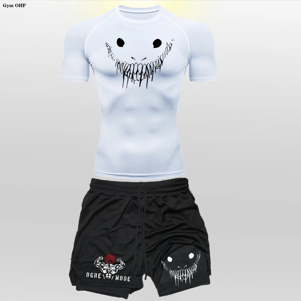 Men's "Anime Funny Face" 2-in-1 Fitness Set – Compression Tee & Double-Deck Shorts