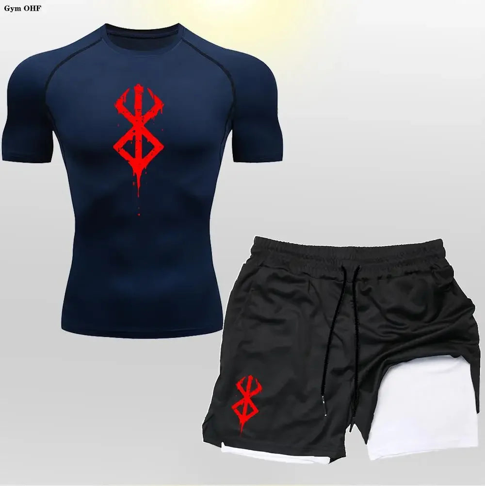 Men's "Anime Velocity" 2-in-1 Cycling & Training Set – Compression Tee & Double-Deck Shorts