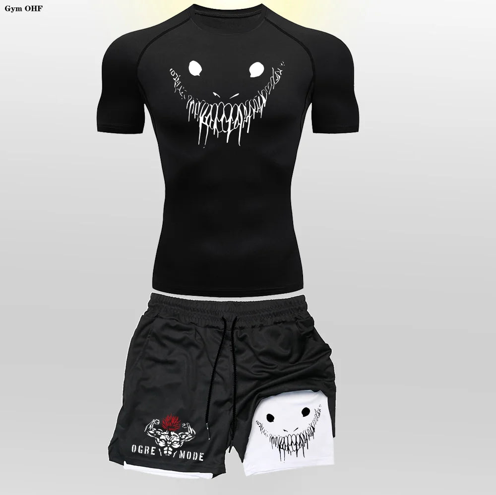 Men's "Anime Funny Face" 2-in-1 Fitness Set – Compression Tee & Double-Deck Shorts