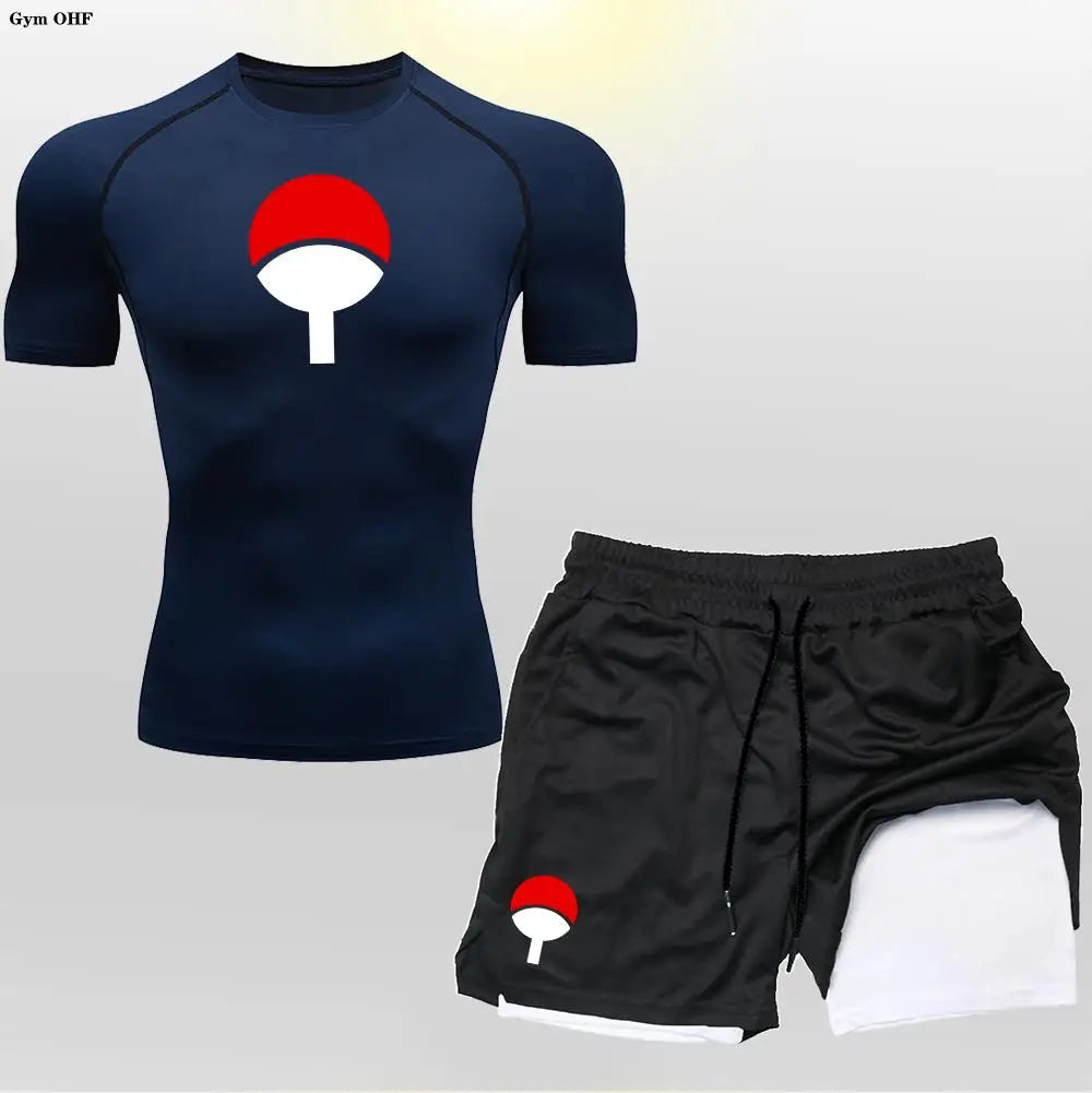 Men's "Heroic Spirit" Anime 2-in-1 Fitness Set – Compression Tee & Double-Deck Shorts