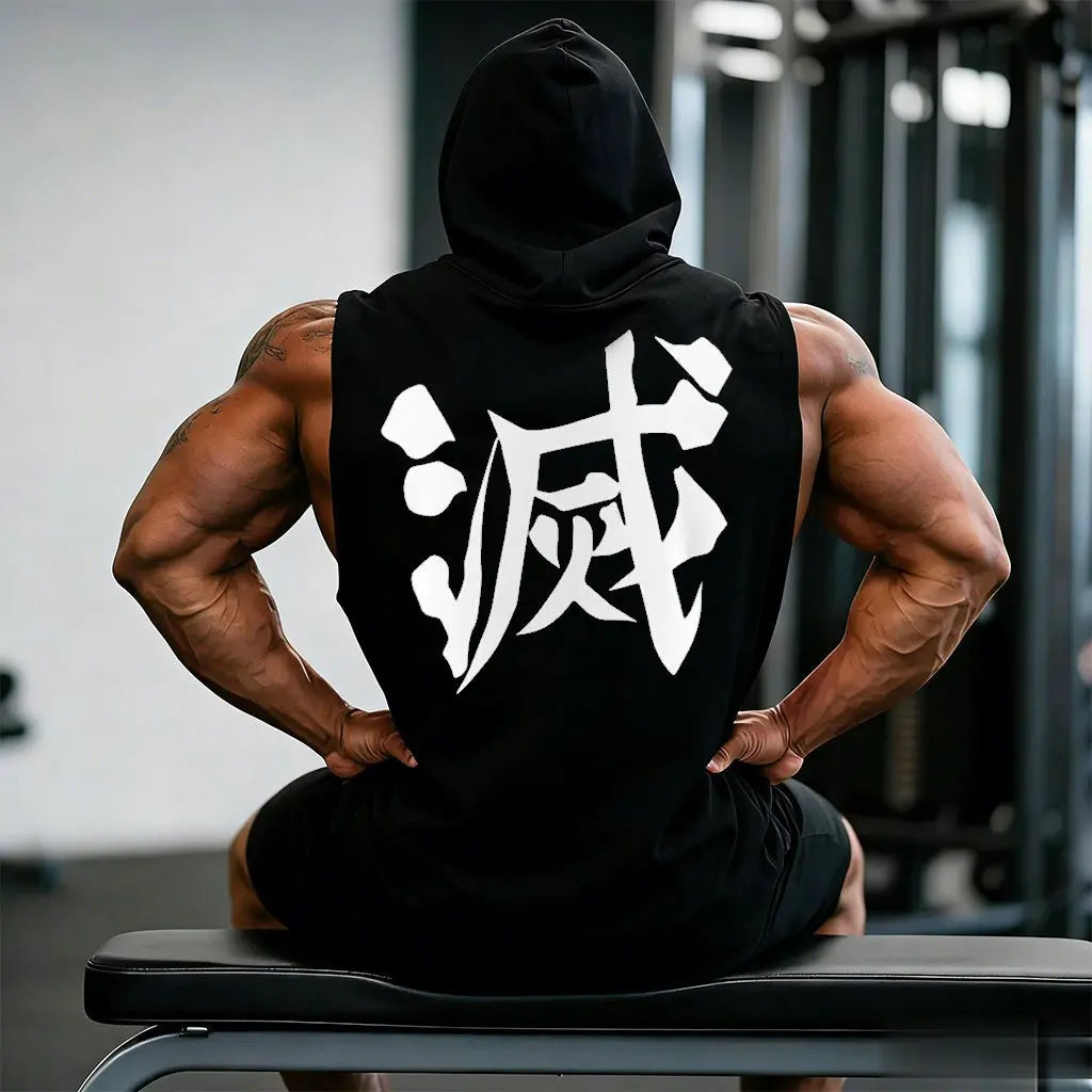 Men's "Demon Slayer: Hashira Strength" Sleeveless Hoodie – Premium Cotton Gym Tank Top