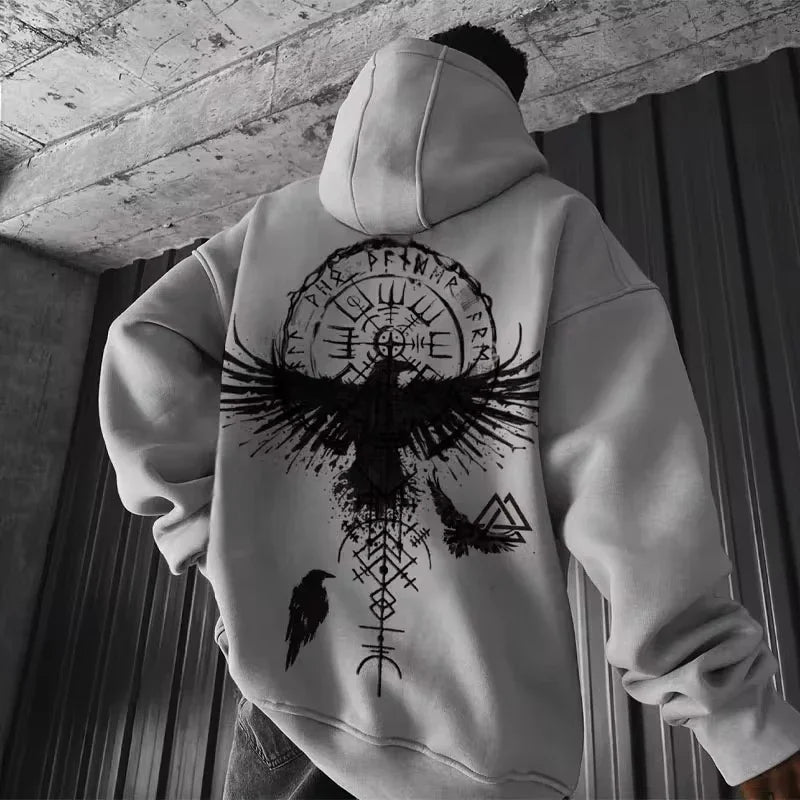 Men's Viking Totem & Eagle Graphic Hoodie – Premium Y2K Norse Mythology Sweatshirt