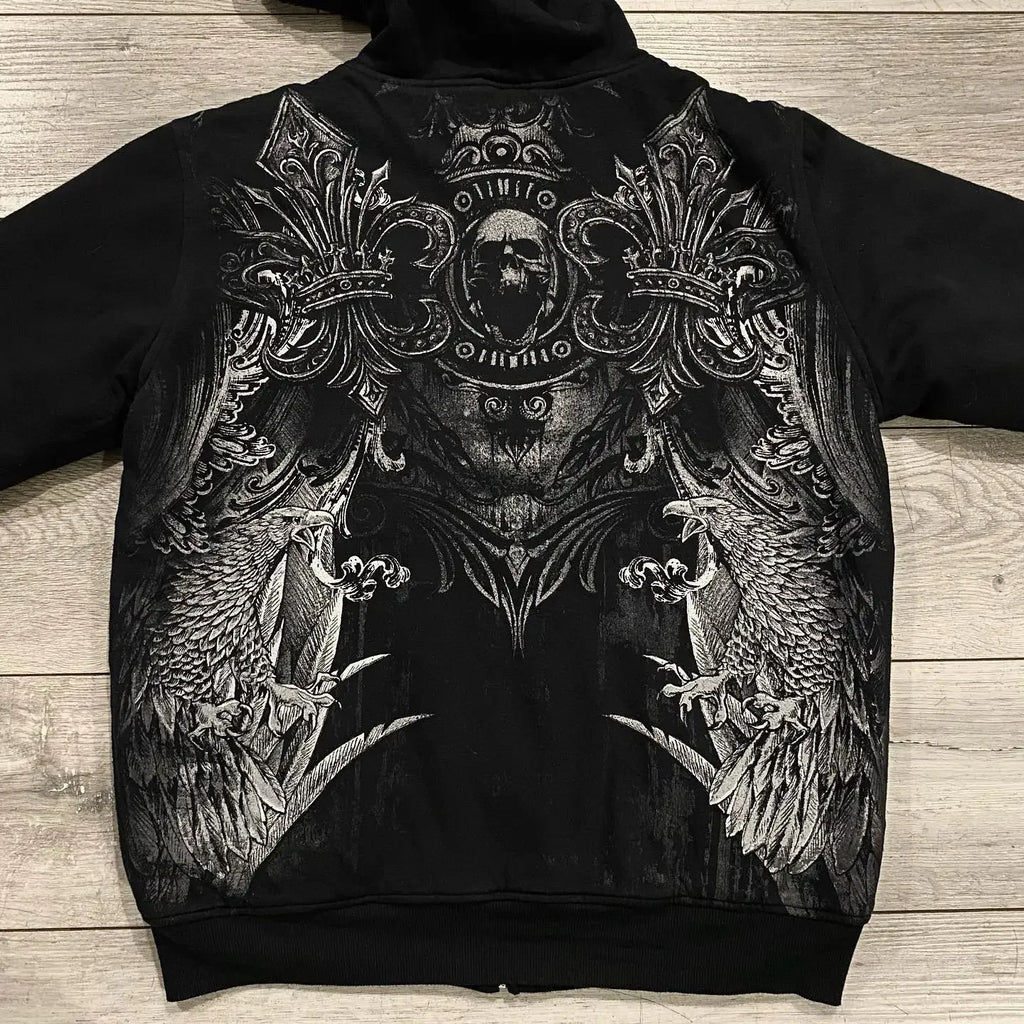 Y2K "Dark Streetwear" Oversized Zip-Up Hoodie – Vintage 90s Gothic Skull Print Sweatshirt