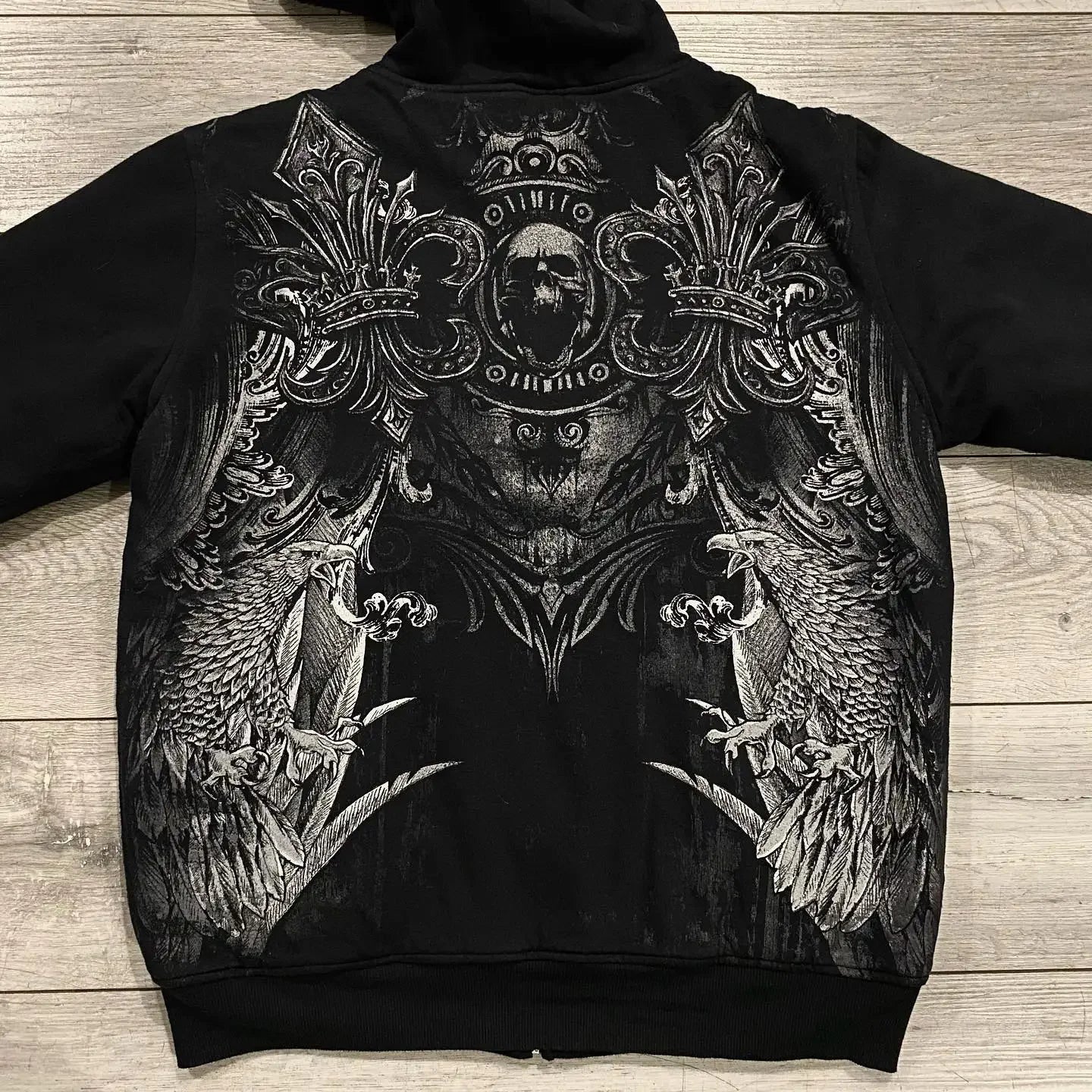 Y2K "Dark Streetwear" Oversized Zip-Up Hoodie – Vintage 90s Gothic Skull Print Sweatshirt