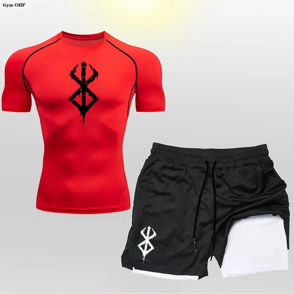 Men's "Anime Velocity" 2-in-1 Cycling & Training Set – Compression Tee & Double-Deck Shorts