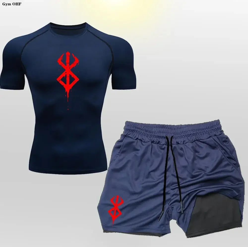 Men's "Anime Velocity" 2-in-1 Cycling & Training Set – Compression Tee & Double-Deck Shorts