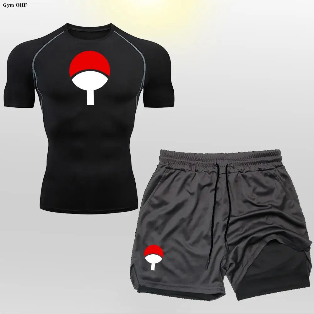 Men's "Heroic Spirit" Anime 2-in-1 Fitness Set – Compression Tee & Double-Deck Shorts