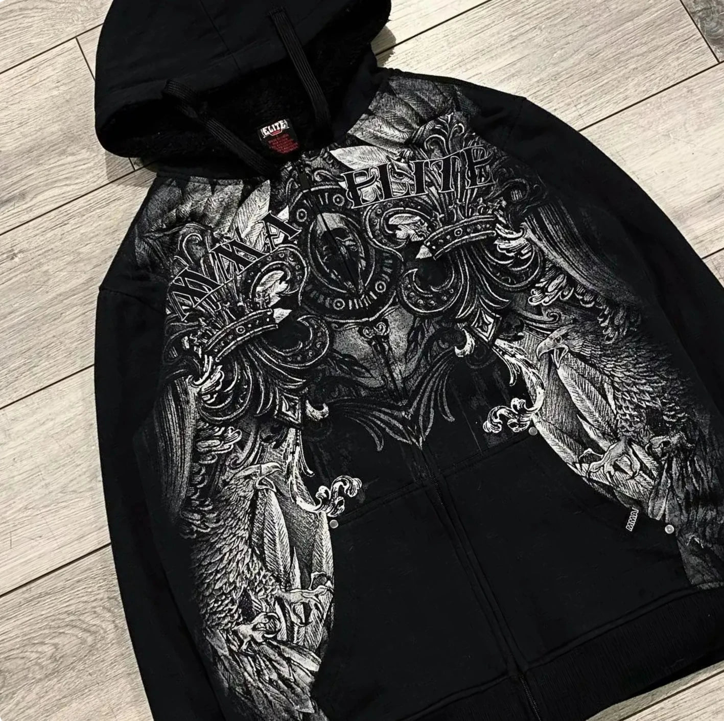 Y2K "Dark Streetwear" Oversized Zip-Up Hoodie – Vintage 90s Gothic Skull Print Sweatshirt