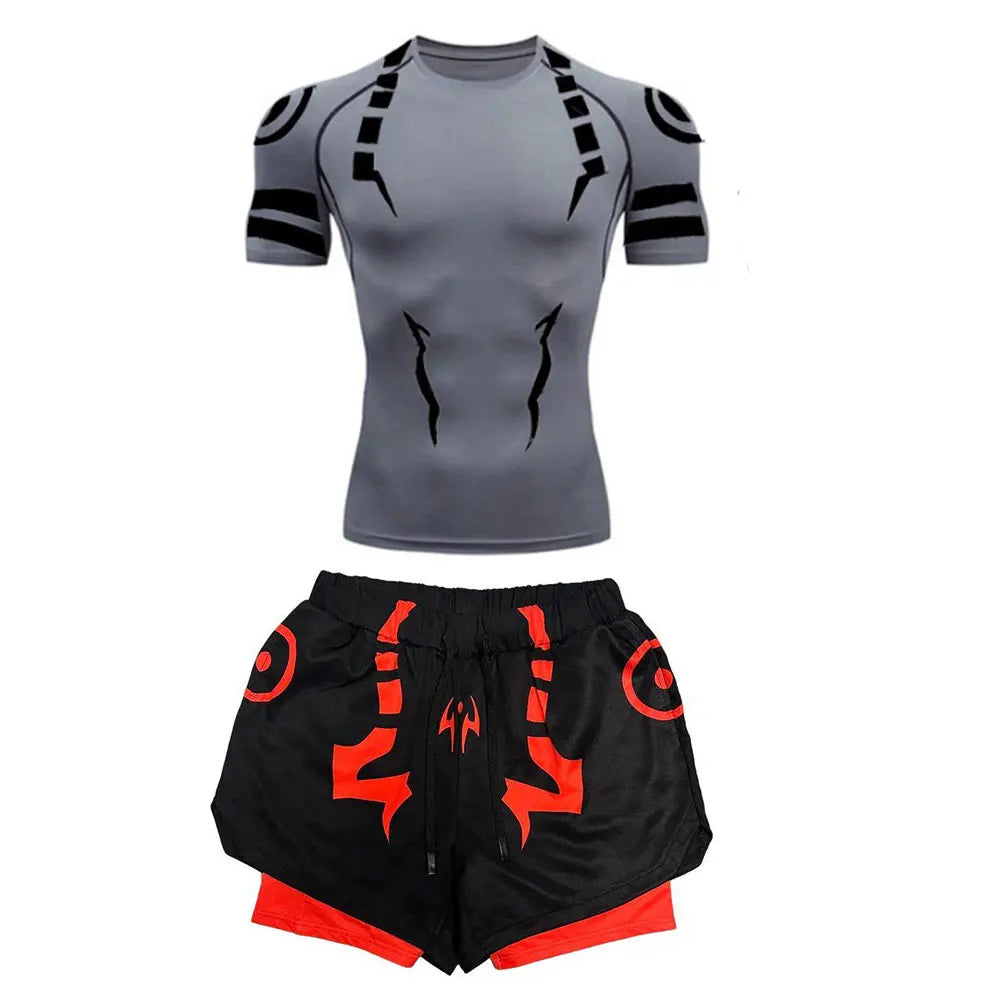 Men's "Jujutsu Kaisen" 3D Compression Set – Premium Gym Shirt & Training Shorts