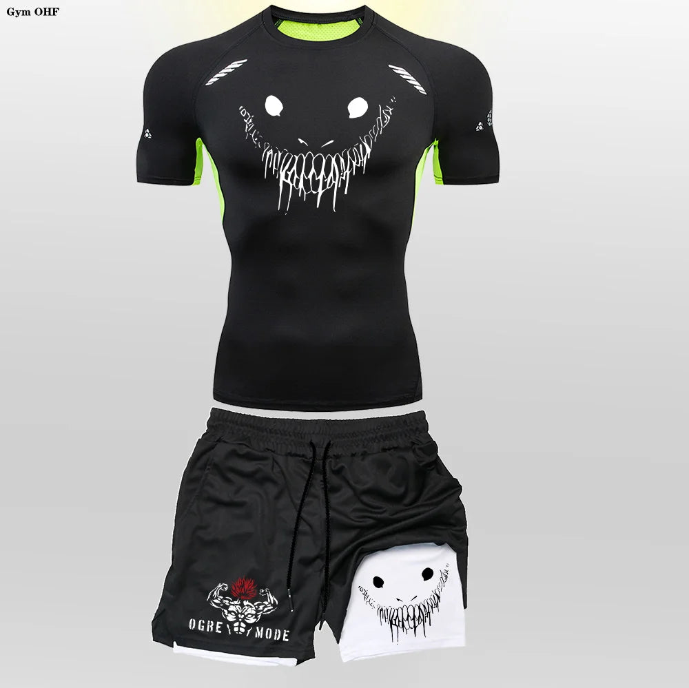 Men's "Anime Funny Face" 2-in-1 Fitness Set – Compression Tee & Double-Deck Shorts