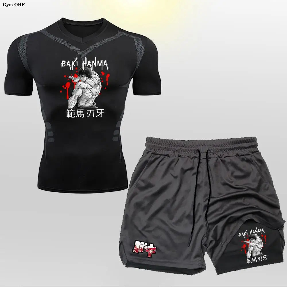 Men's "Baki Hanma: Grappler Edition" Compression Set – 2-in-1 Gym Tee & Shorts